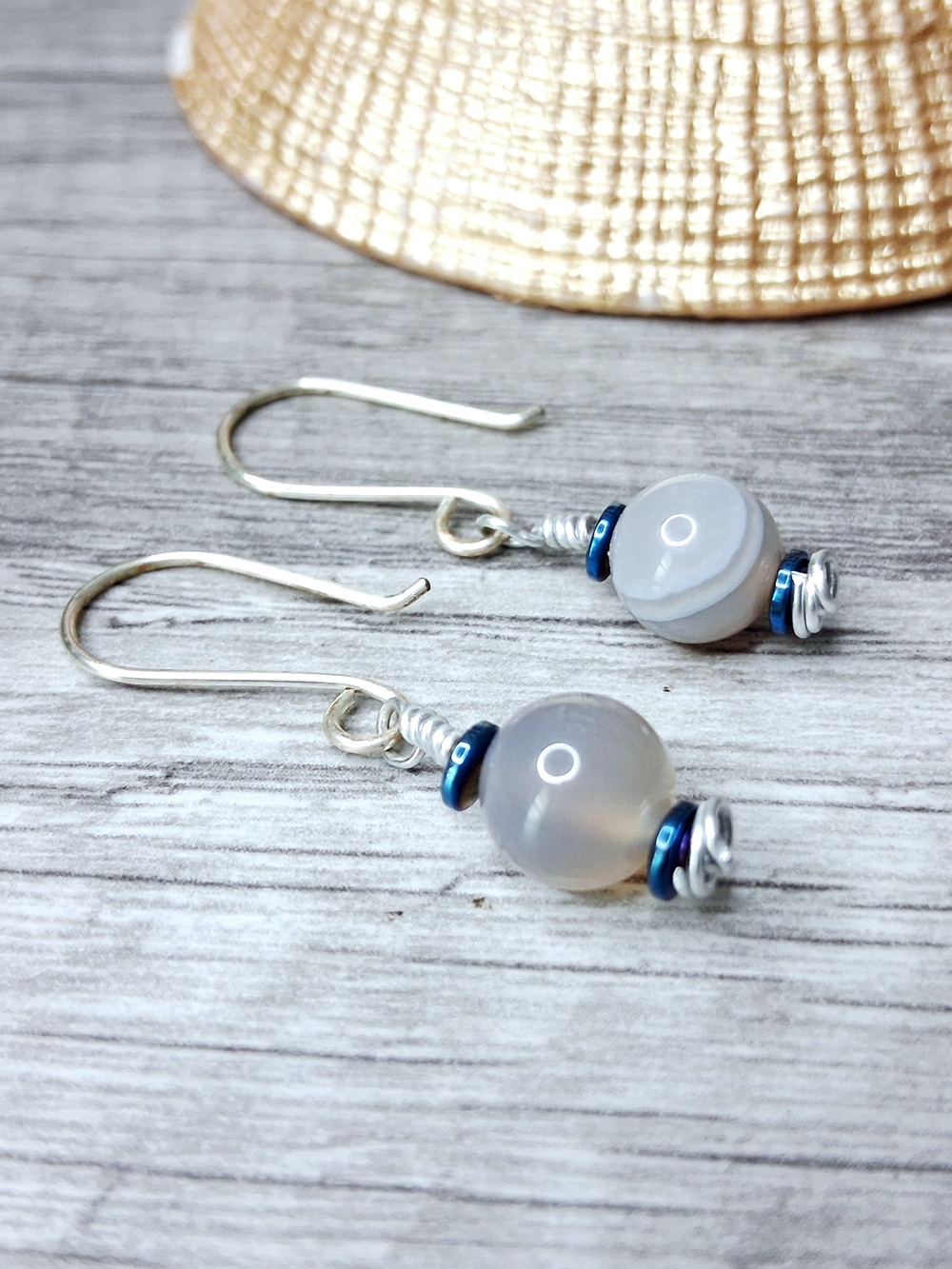 Dainty Gray Agate Drop Earrings with Blue Accents